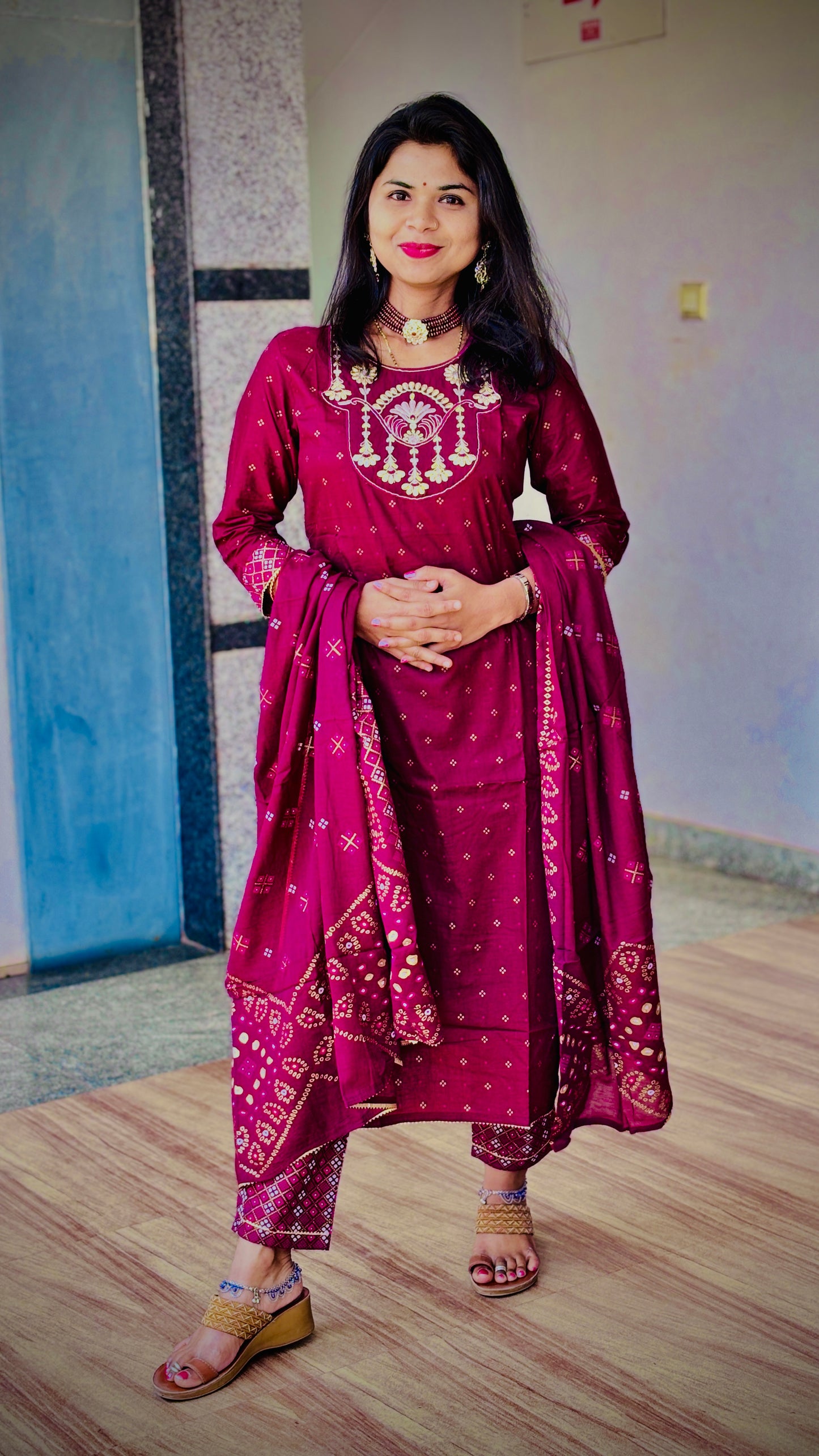 3 piece embroidery cotton kurta set catalog piece