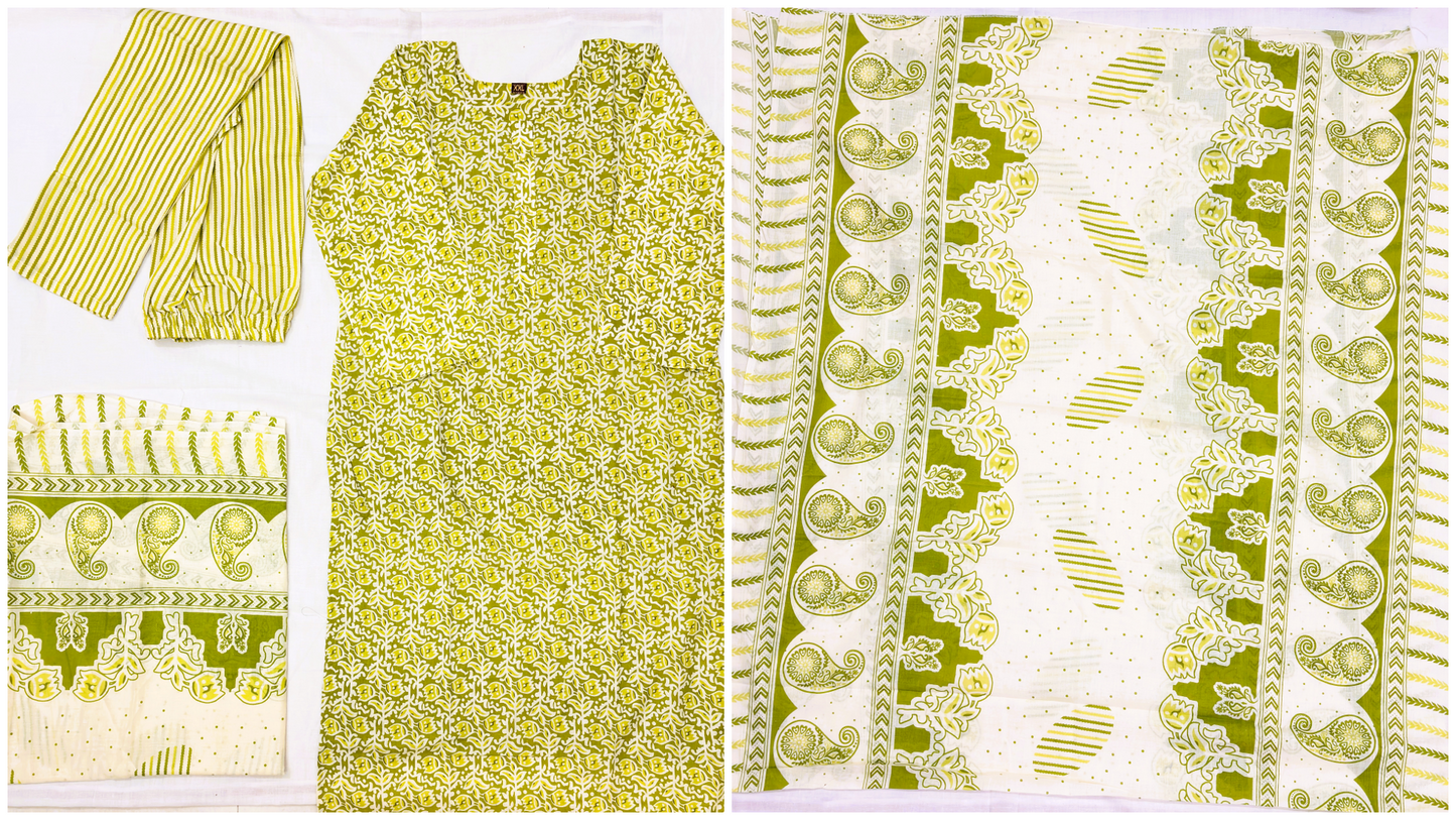 Parrot Green Camric Cotton with lining 3 piece set-VLFCC01